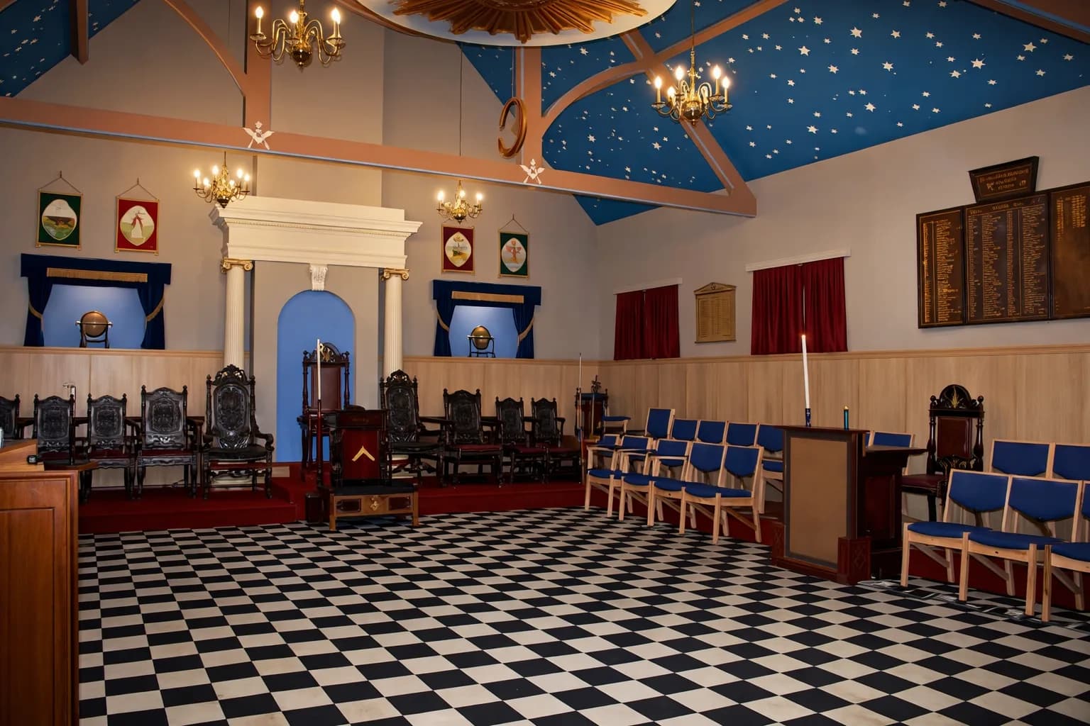 The Lodge room at Oakeswell Lodge with its star-painted ceiling and checkerboard floor