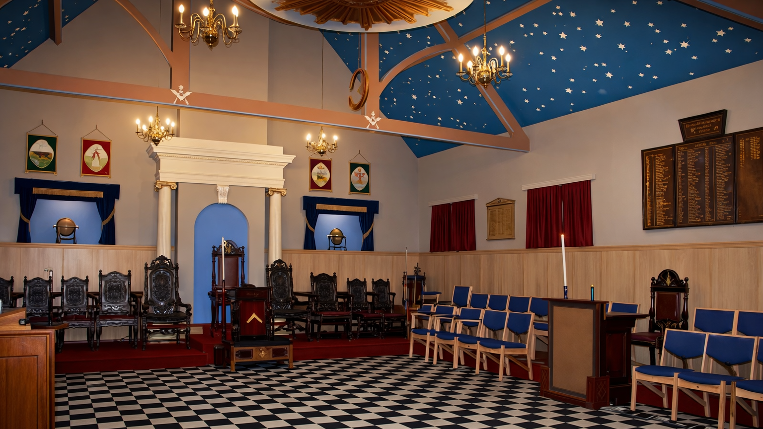 Interior of the Masonic lodge room at Oakeswell Lodge No. 8117 in the West Midlands, showing the traditional tiled floor, officers’ chairs and ceremonial layout