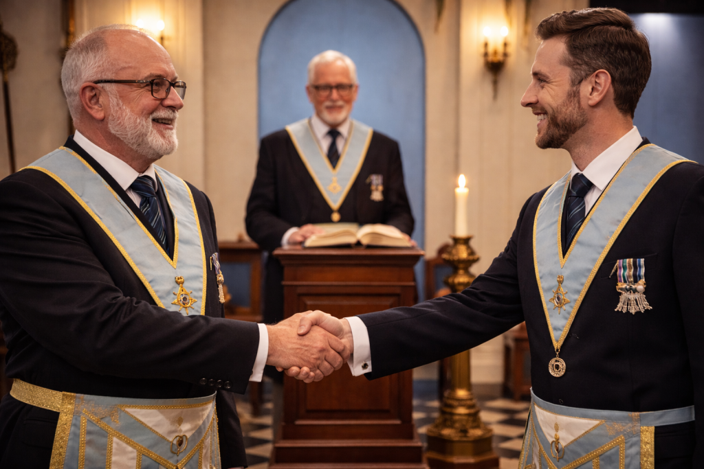 Freemasons in discussion during a lodge meeting at Oakeswell Lodge No. 8117 in the West Midlands