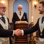 Freemasons in discussion during a lodge meeting at Oakeswell Lodge No. 8117 in the West Midlands